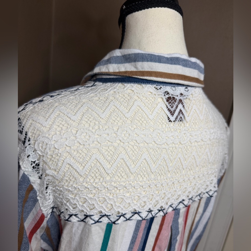 Multiples Women's Long Sleeve Striped Button Up Shirt and Lace Back Size M
